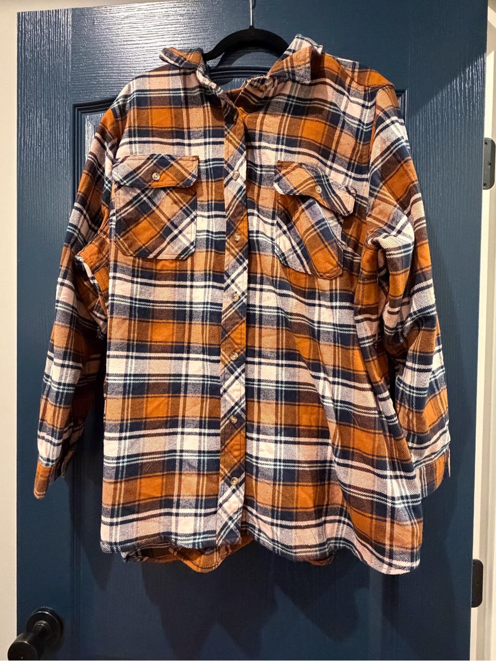 Duluth Trading Co Orange, Navy and White Plaid Button-Front Shirt